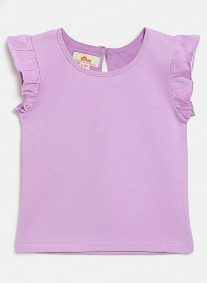Lavender 100% Cotton Regular Fit Short Frill Sleeves T-shirt