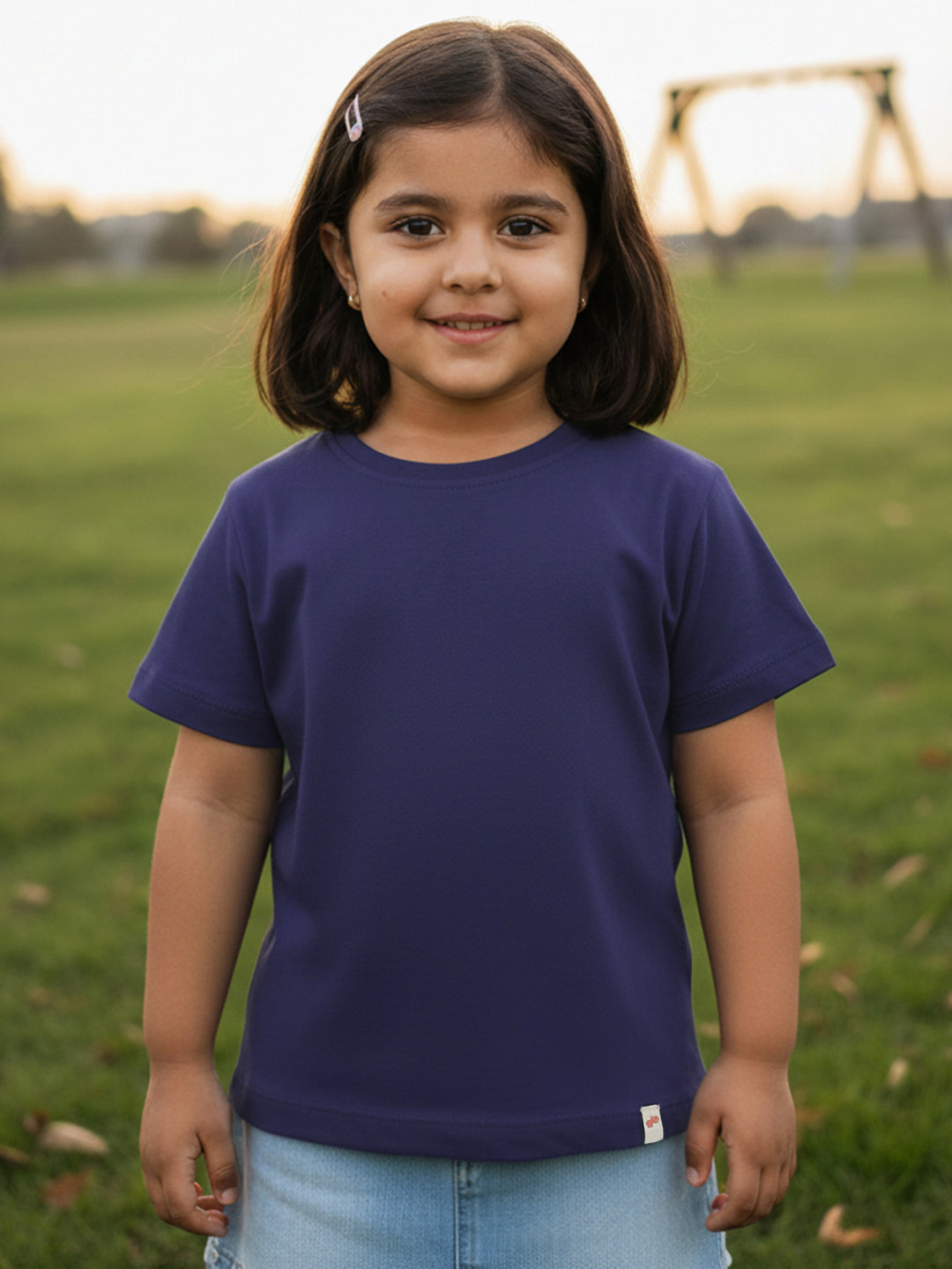 Navy 100% Cotton Regular Fit Solid Short Sleeves T-shirt for Girls
