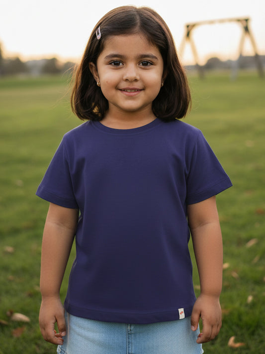 Navy 100% Cotton Regular Fit Solid Short Sleeves T-shirt for Girls