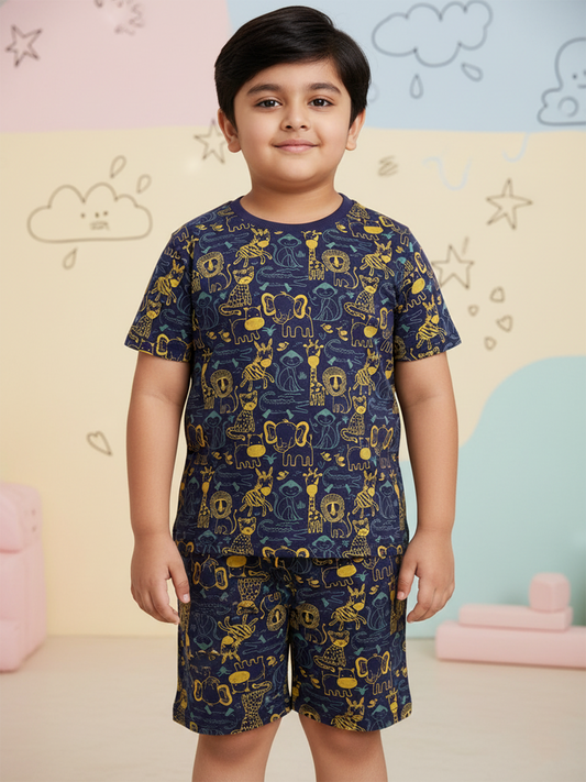 Navy Blue 100% Cotton Regular Fit Printed Coord Set