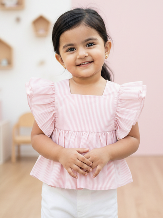 Pink Striped 100% Cotton Flounce Sleeves Top