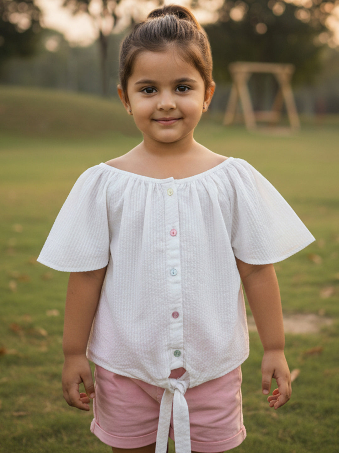 White 100% Cotton Seer Sucker Raglan Sleeves Tie-up Top