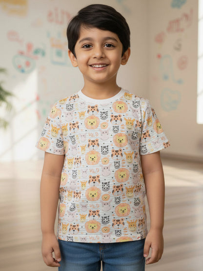 White 100% Cotton Regular Fit Animal Printed Short Sleeves T-shirt for Boys