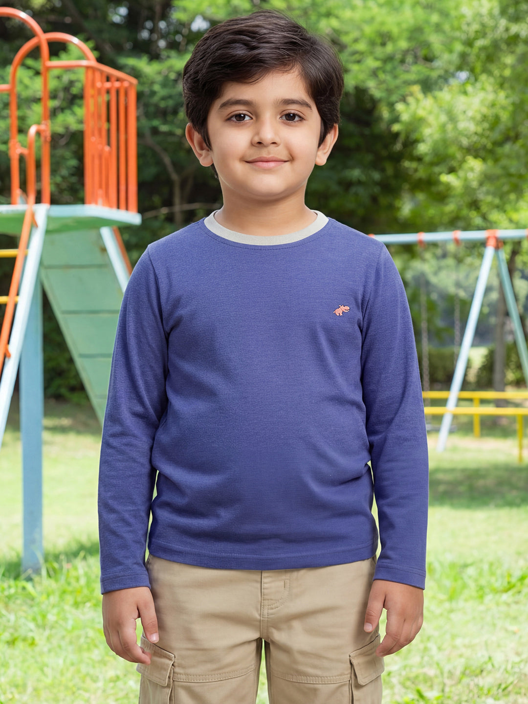 Navy Mélange 100% Cotton Regular Long Sleeves T-shirt