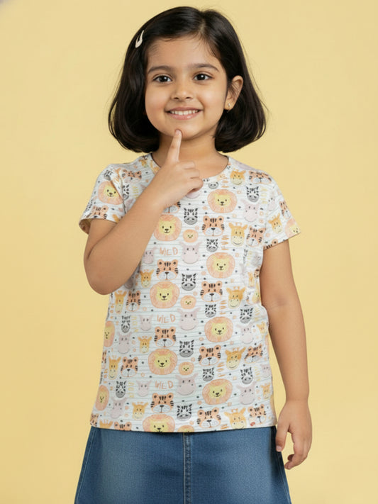 White 100% Cotton Regular Fit Animal Printed Short Sleeves T-shirt for Girls