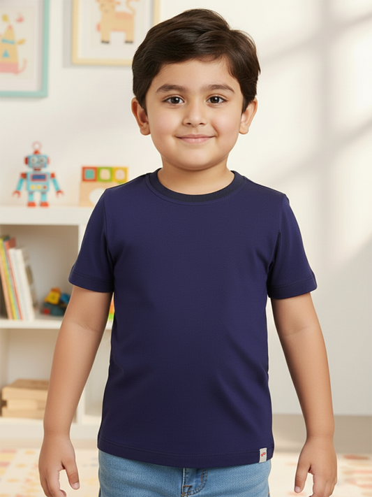 Navy 100% Cotton Regular Fit Solid Short Sleeves T-shirt for Boys