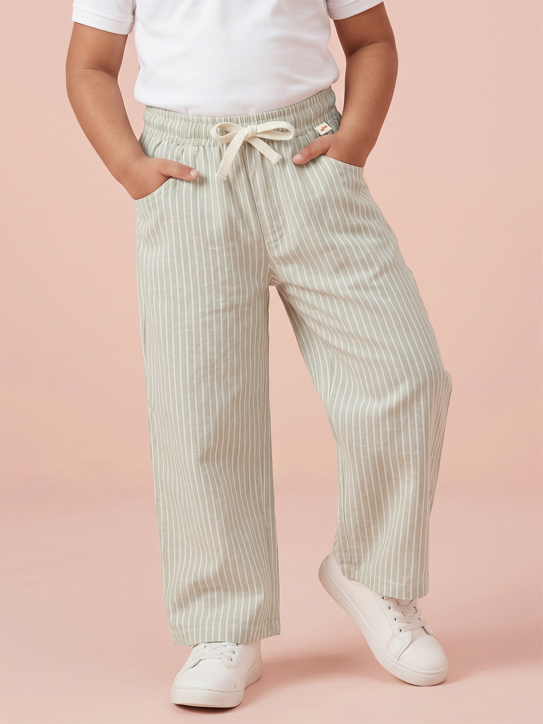 Green Striped Cotton Linen Relaxed Fit Trousers