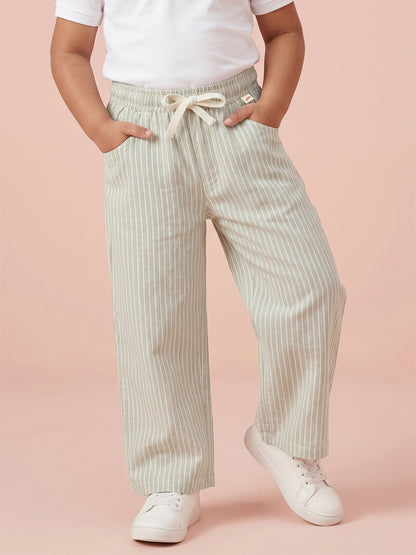 Green Striped Cotton Linen Relaxed Fit Trousers