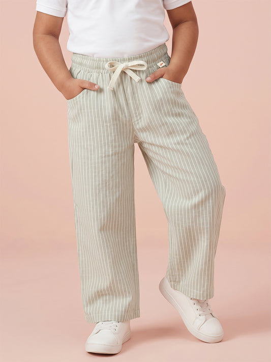 Green Striped Cotton Linen Relaxed Fit Trousers
