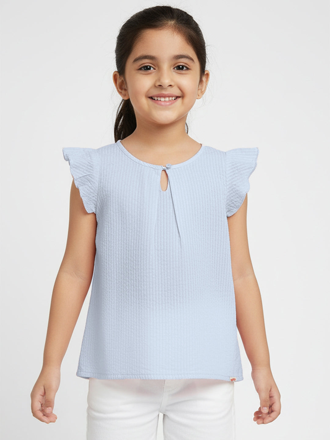 Pastel Blue 100% Cotton Seer Sucker Frill Sleeves Top
