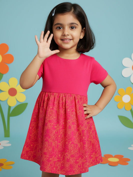 Fuchsia Pink 100% Cotton Animal Printed Short Sleeves Dress