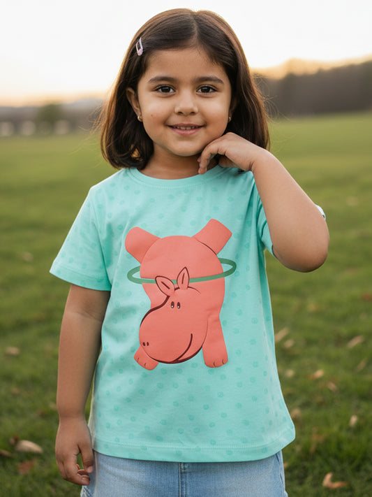 Blue 100% Cotton Unique Puff Printed Short Sleeves T-shirt for Girls