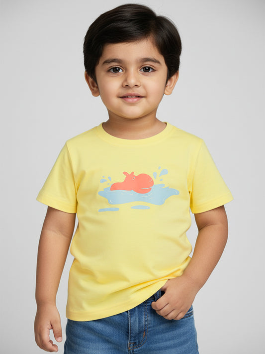 Yellow 100% Cotton Unique Puff Printed Short Sleeves T-shirt for Boys