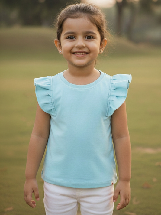 Light Blue Cotton Frill Sleeves Stretchable Top