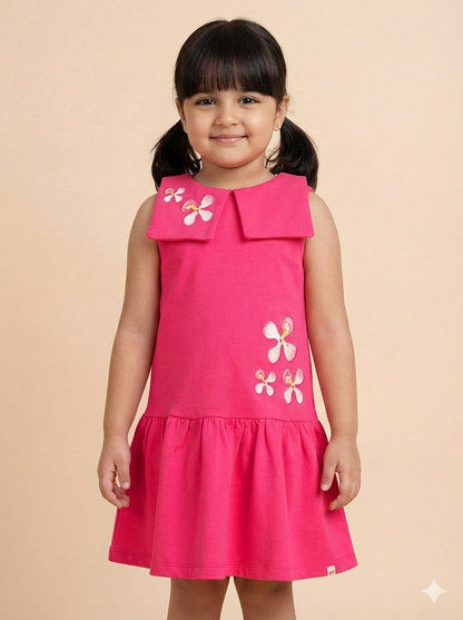 Fuchsia Pink 100% Cotton Peter Pan Collar Checked Dress