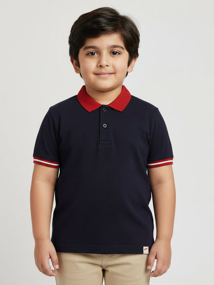Navy 100% Cotton Short Sleeves Polo Collar T-shirt