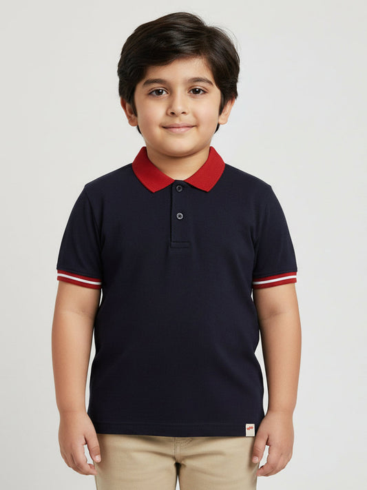 Navy 100% Cotton Short Sleeves Polo Collar T-shirt