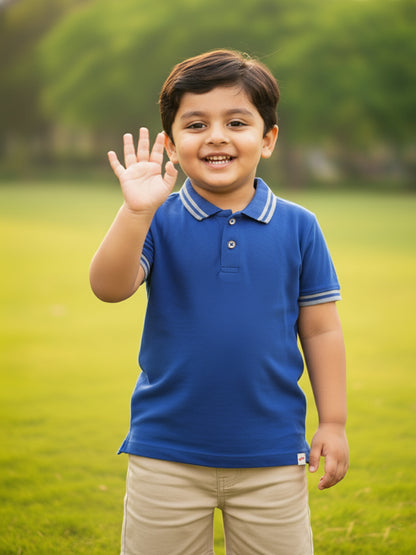 Blue 100% Cotton Short Sleeves Polo Collar T-shirt for Boys