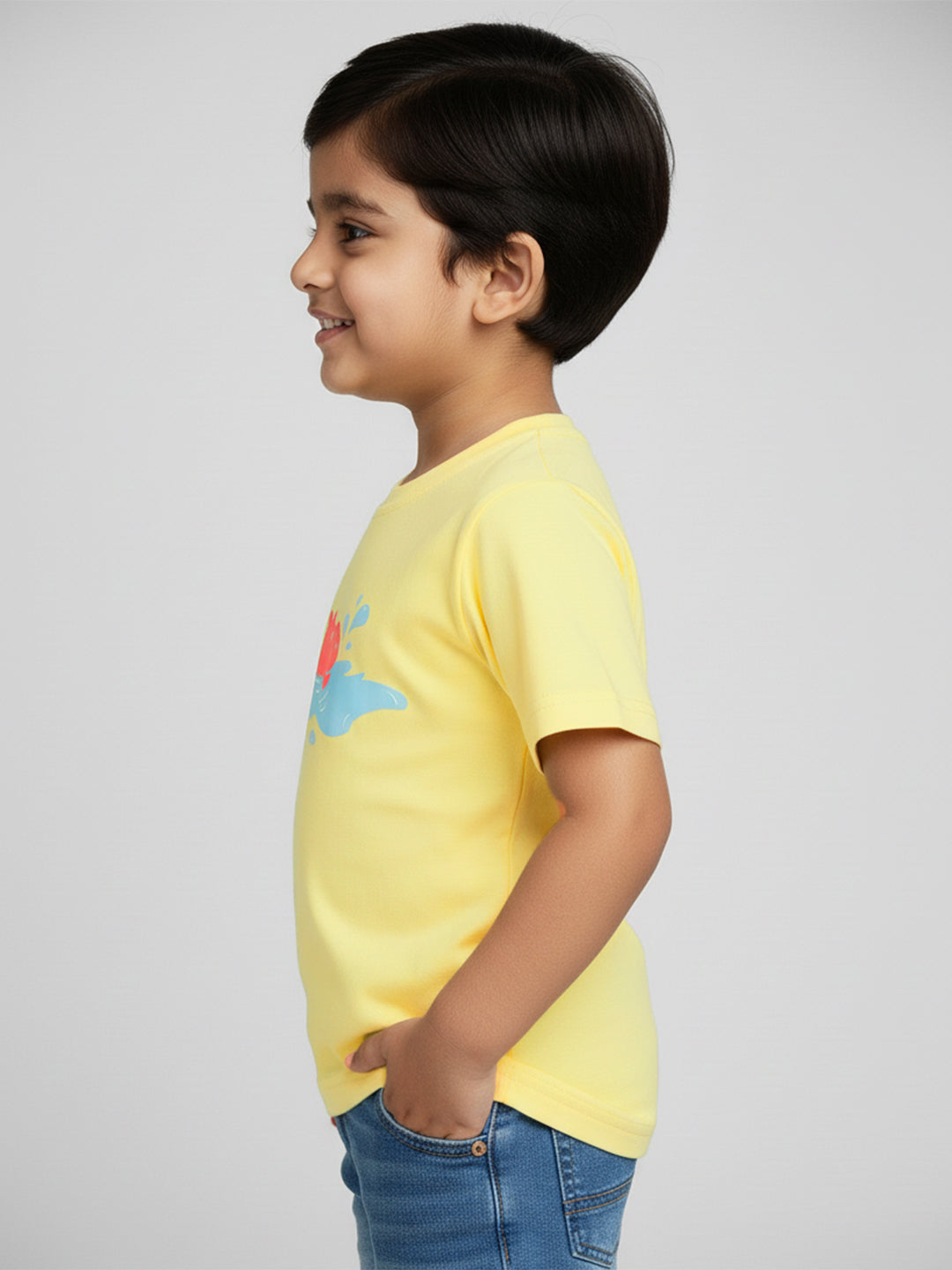 Yellow 100% Cotton Unique Puff Printed Short Sleeves T-shirt for Boys