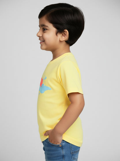 Yellow 100% Cotton Unique Puff Printed Short Sleeves T-shirt for Boys
