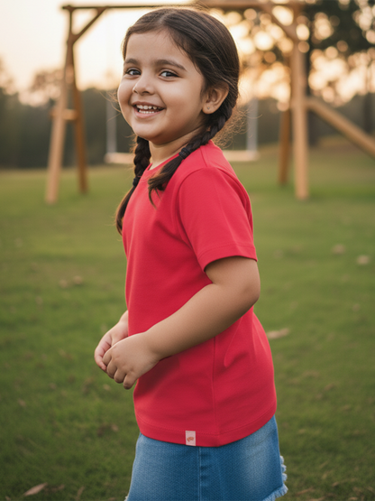 Red 100% Cotton Regular Fit Solid Short Sleeves T-shirt for Girls