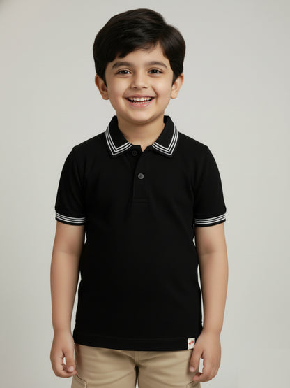 Black 100% Cotton Short Sleeves Polo Collar T-shirt