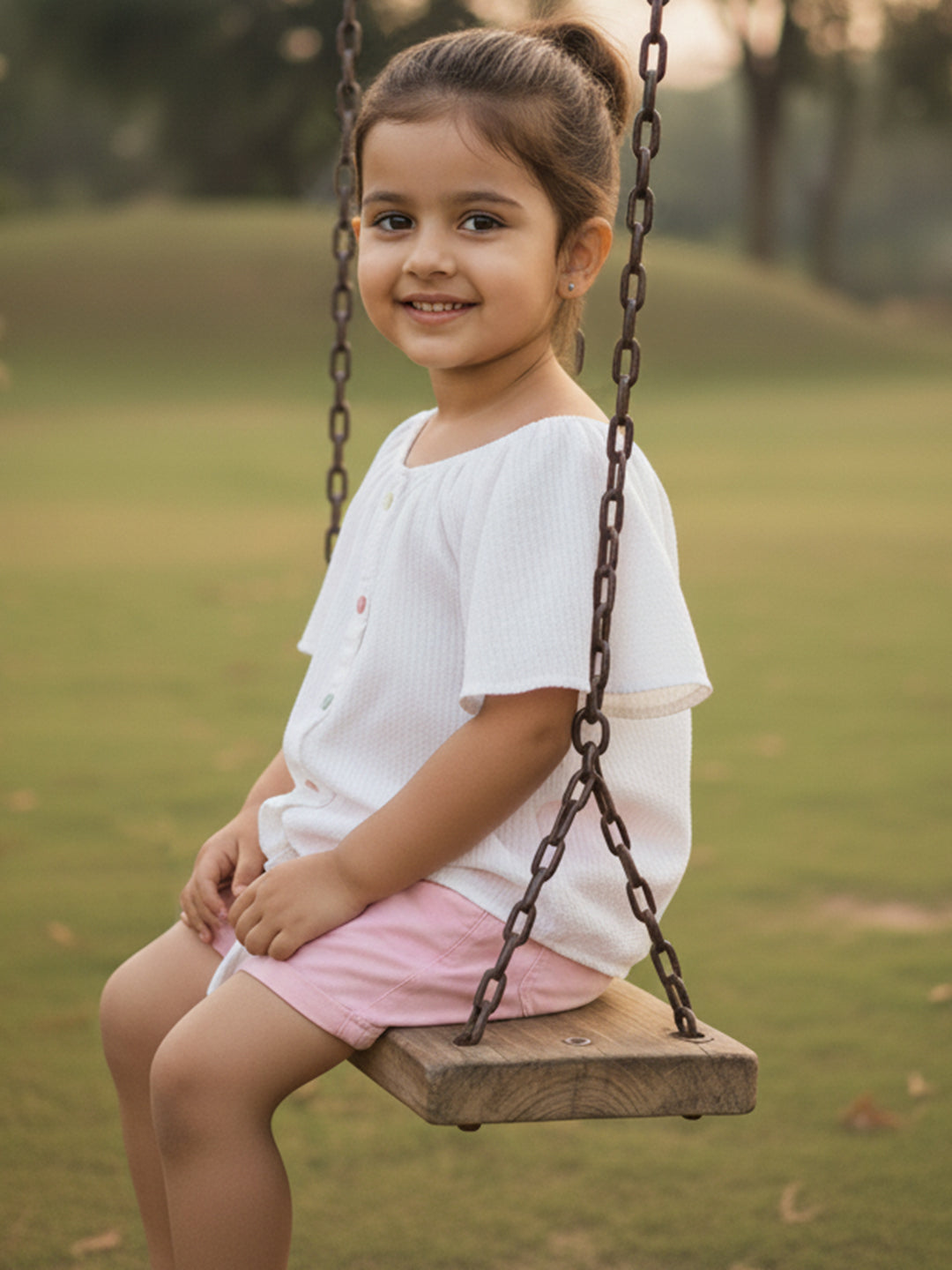 White 100% Cotton Seer Sucker Raglan Sleeves Tie-up Top