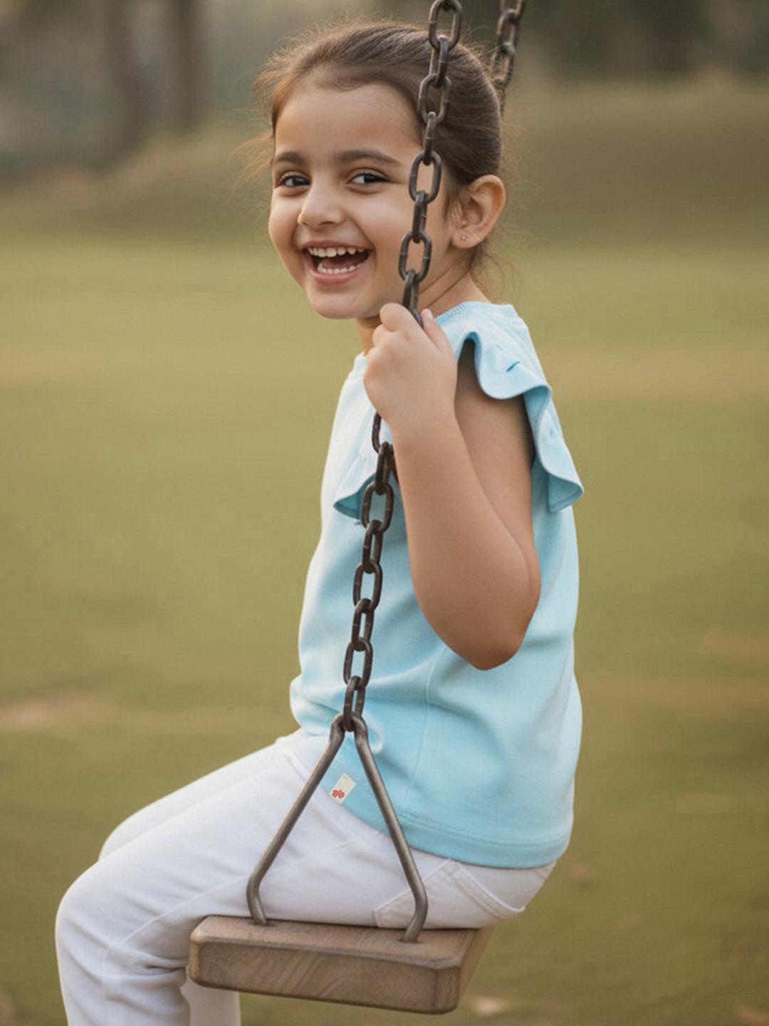 Light Blue Cotton Frill Sleeves Stretchable Top