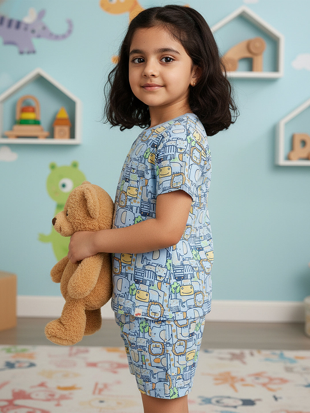 Light Blue 100% Cotton Oversized Fit Printed Coord Set for Girls