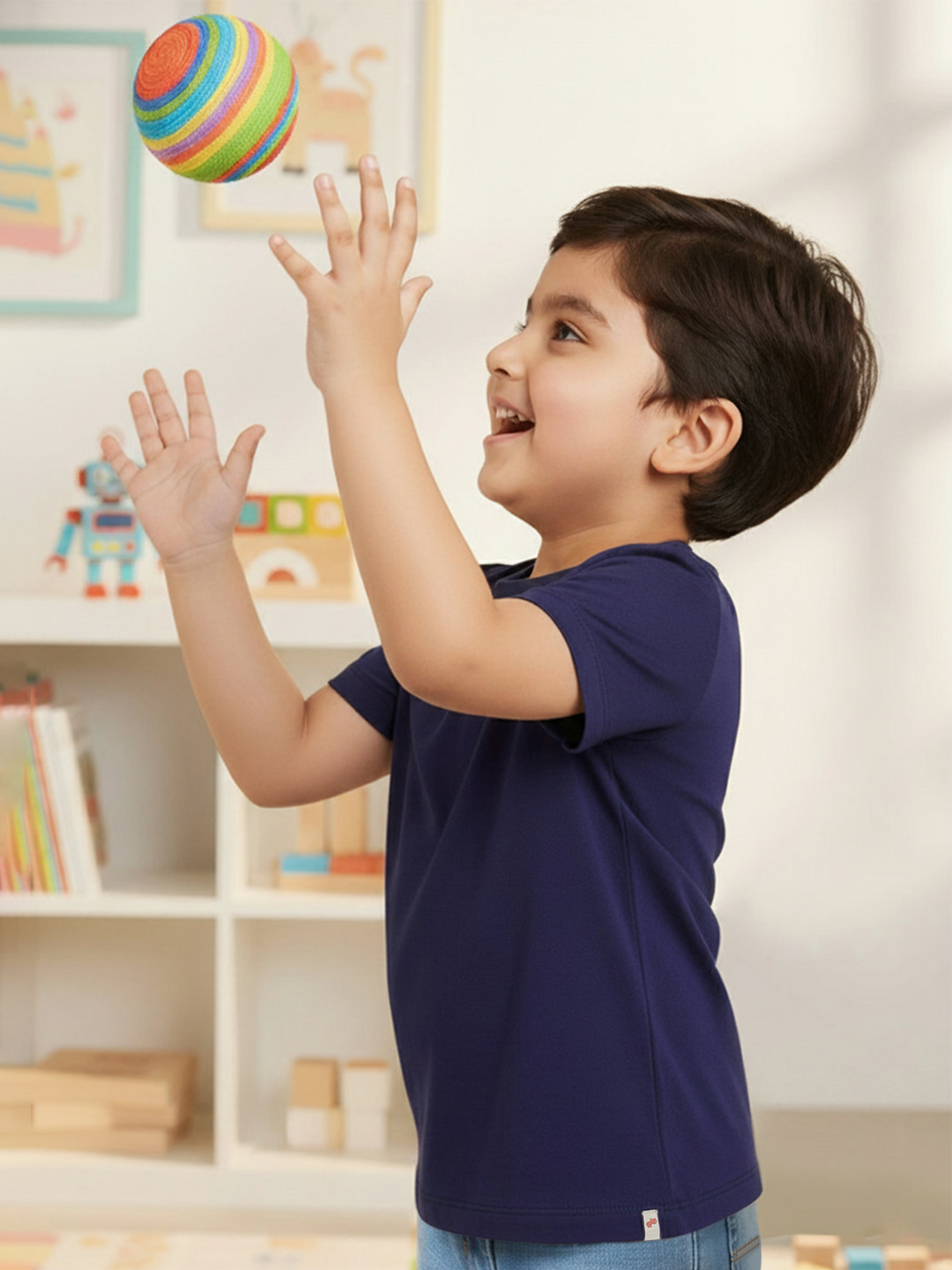 Navy 100% Cotton Regular Fit Solid Short Sleeves T-shirt for Boys