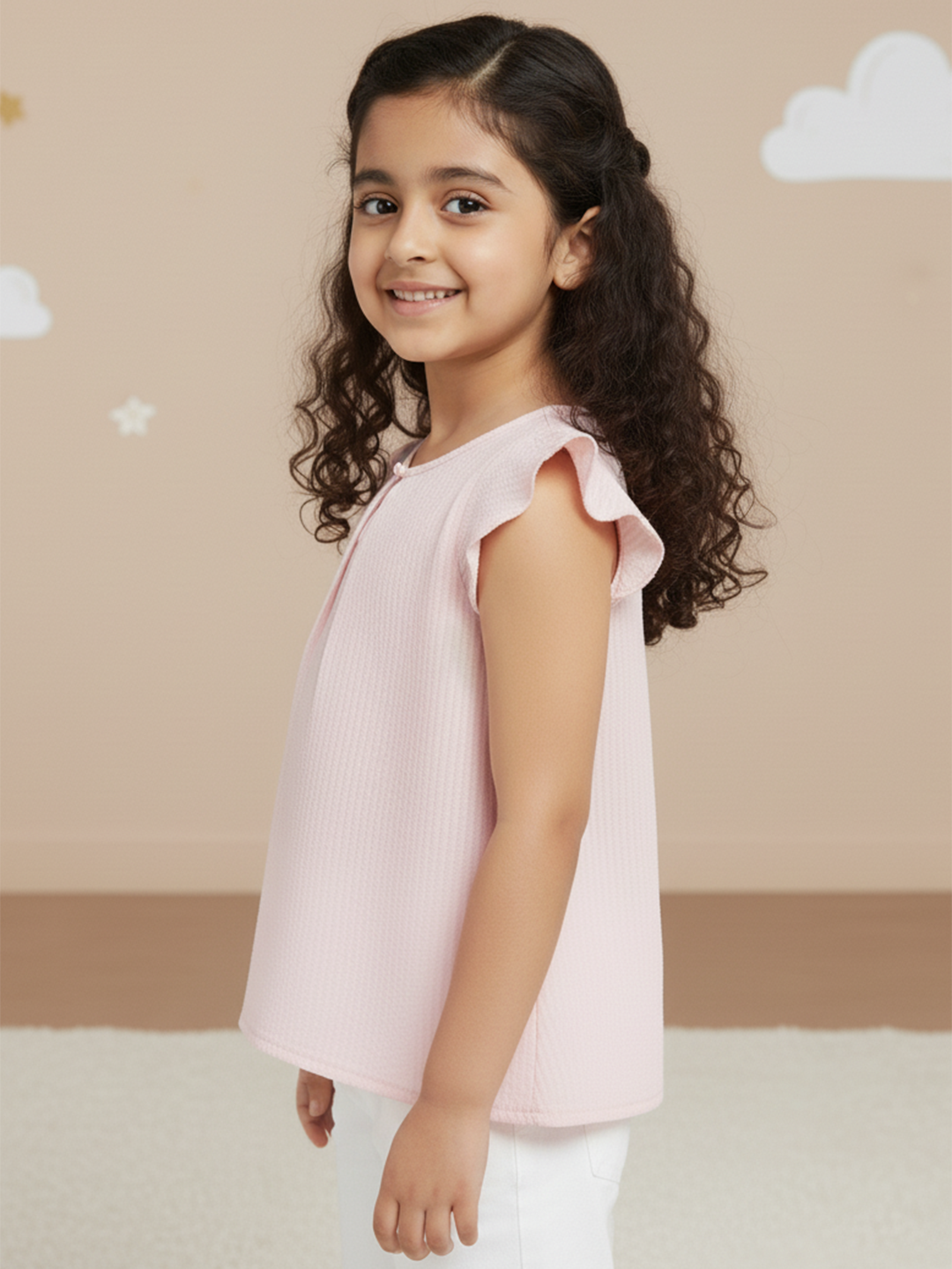 Pastel Pink 100% Cotton Seer Sucker Frill Sleeves Top