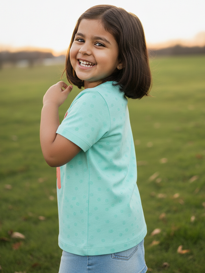 Blue 100% Cotton Unique Puff Printed Short Sleeves T-shirt for Girls