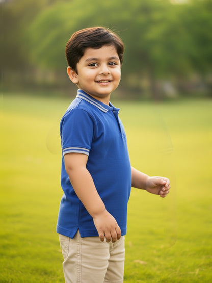 Blue 100% Cotton Short Sleeves Polo Collar T-shirt for Boys