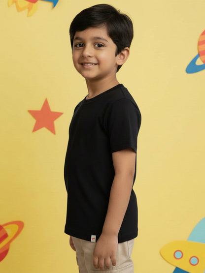 Black 100% Cotton Regular Fit Solid Short Sleeves T-shirt for Boys