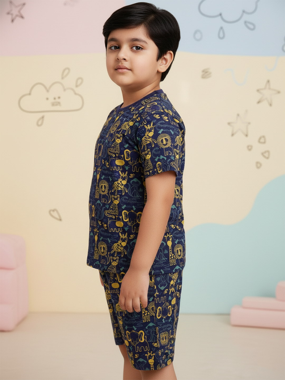 Navy Blue 100% Cotton Regular Fit Printed Coord Set