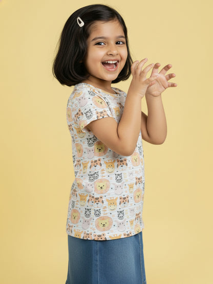 White 100% Cotton Regular Fit Animal Printed Short Sleeves T-shirt for Girls