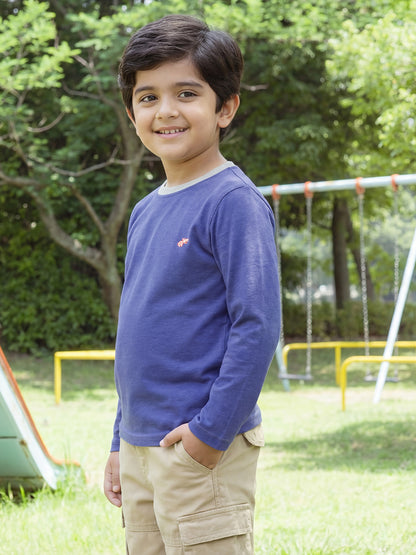 Navy Mélange 100% Cotton Regular Long Sleeves T-shirt