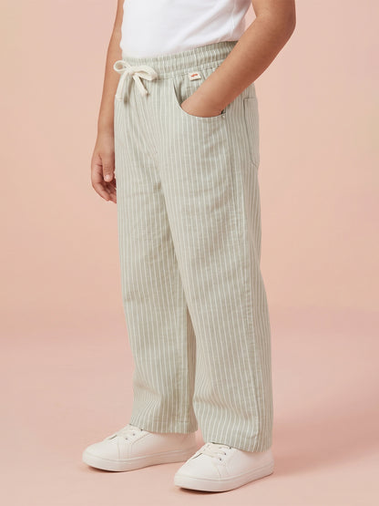 Green Striped Cotton Linen Relaxed Fit Trousers