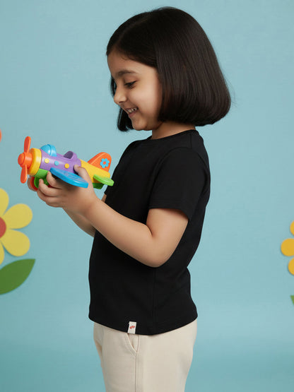 Black 100% Cotton Regular Fit Solid Short Sleeves T-shirt for Girls