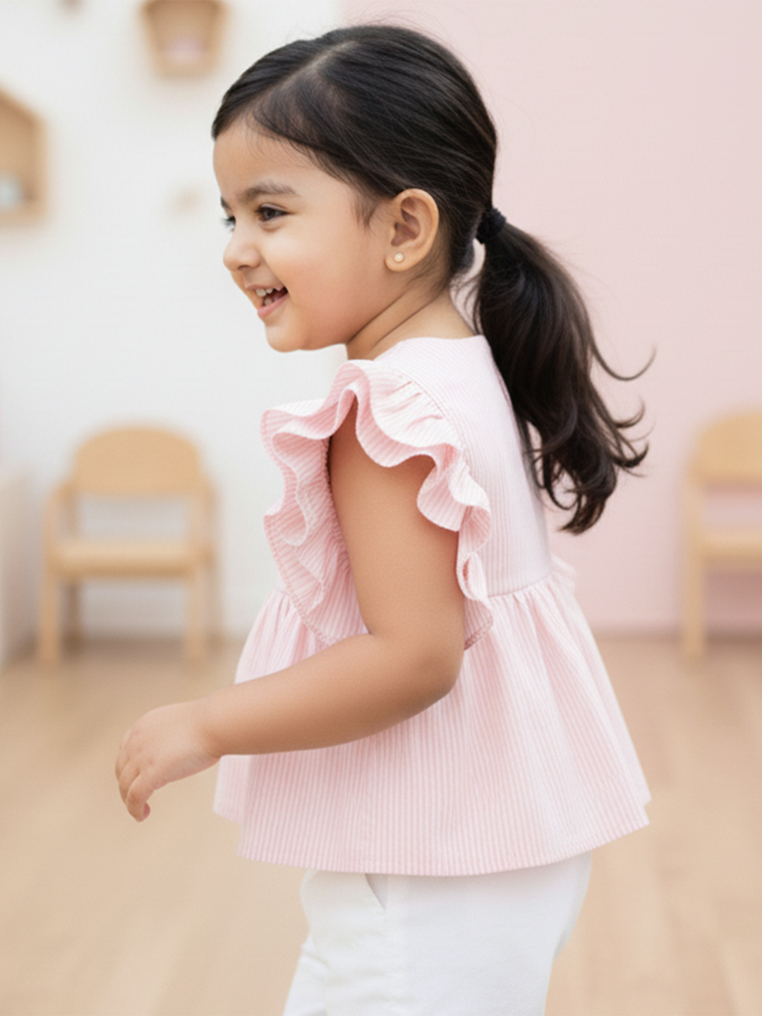 Pink Striped 100% Cotton Flounce Sleeves Top