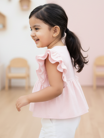Pink Striped 100% Cotton Flounce Sleeves Top