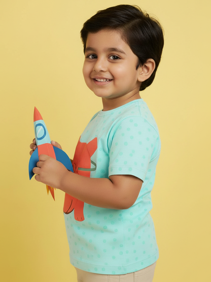 Blue 100% Cotton Unique Puff Printed Short Sleeves T-shirt for Boys