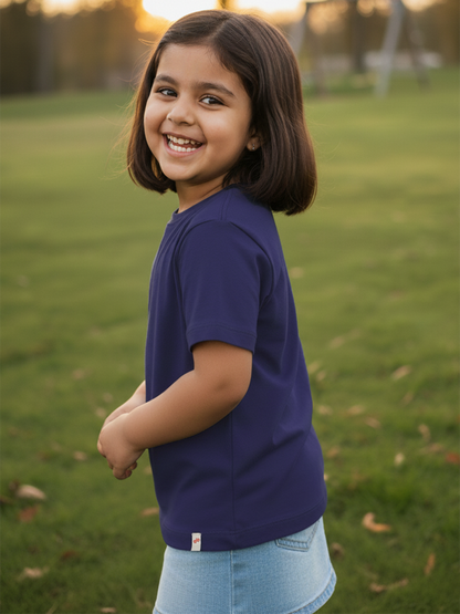 Navy 100% Cotton Regular Fit Solid Short Sleeves T-shirt for Girls