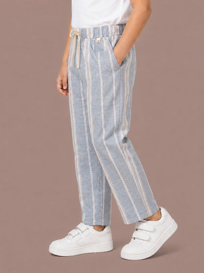 Blue Striped Cotton Linen Relaxed Fit Trousers