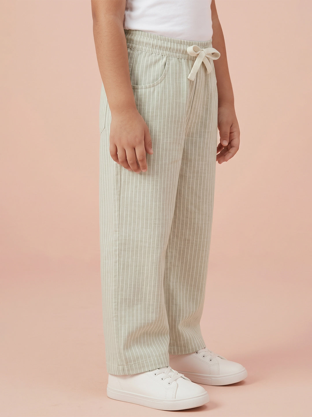 Green Striped Cotton Linen Relaxed Fit Trousers