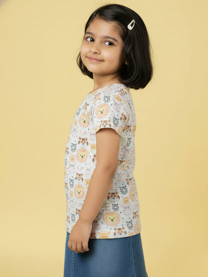 White 100% Cotton Regular Fit Animal Printed Short Sleeves T-shirt for Girls