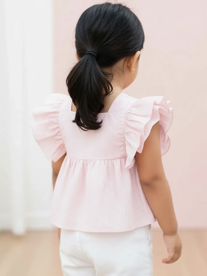 Pink Striped 100% Cotton Flounce Sleeves Top
