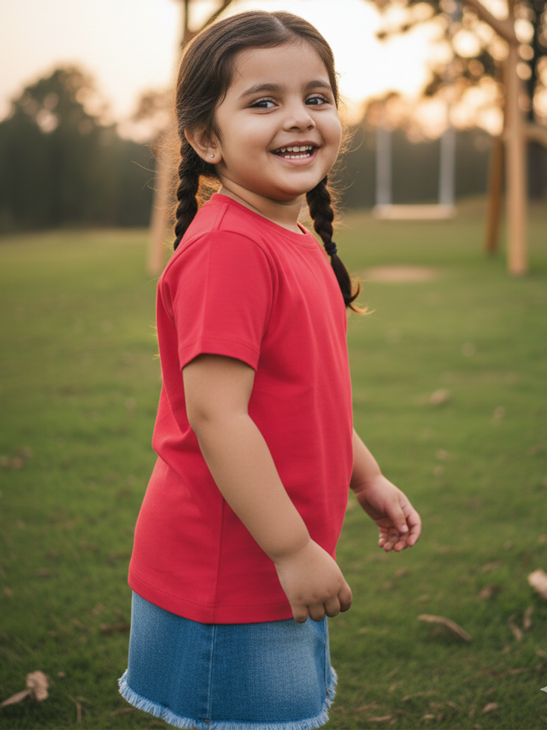 Red 100% Cotton Regular Fit Solid Short Sleeves T-shirt for Girls