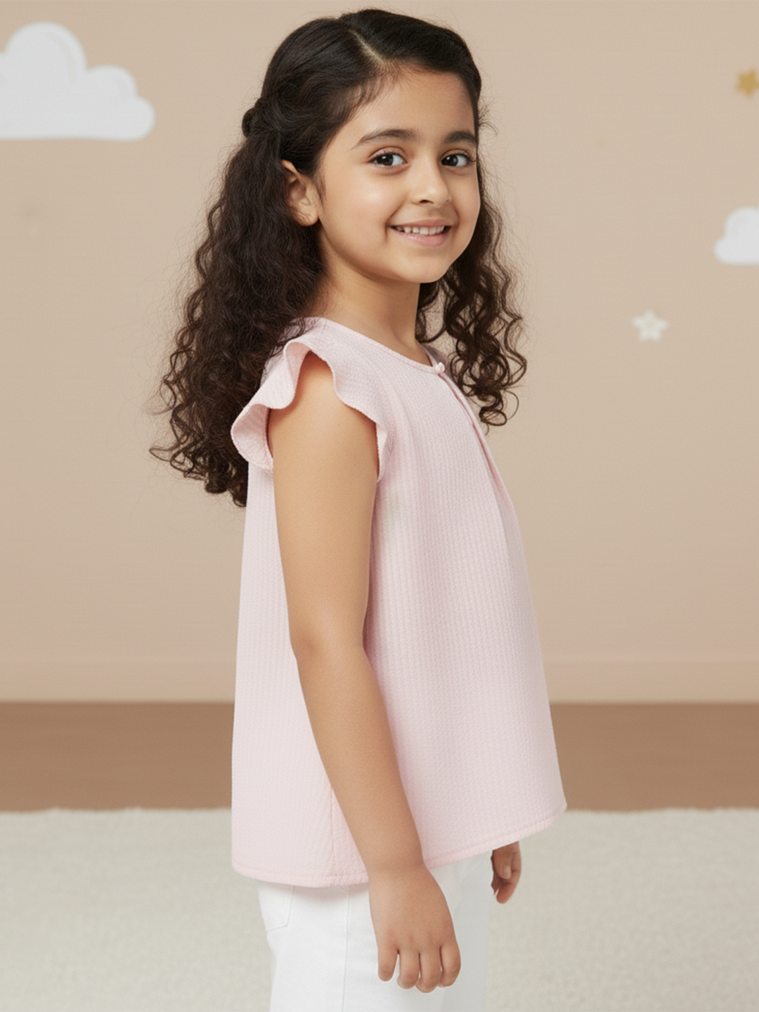 Pastel Pink 100% Cotton Seer Sucker Frill Sleeves Top