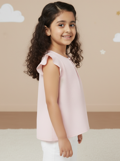 Pastel Pink 100% Cotton Seer Sucker Frill Sleeves Top